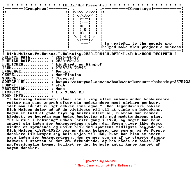 NFO for the release Dick.Nelson.Et.Kursus.I.Boksning.2023.DANiSH.RETAiL.ePub.eBOOK-DECiPHER by DECiPHER