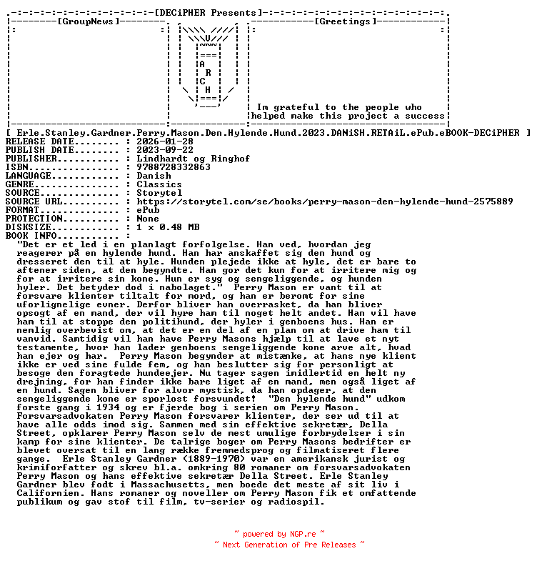 NFO for the release Erle.Stanley.Gardner.Perry.Mason.Den.Hylende.Hund.2023.DANiSH.RETAiL.ePub.eBOOK-DECiPHER by DECiPHER