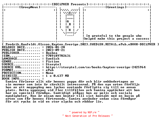 NFO for the release Fredrik.Kaufeldt.Olsson.Kapten.Sverige.2023.SWEDiSH.RETAiL.ePub.eBOOK-DECiPHER by DECiPHER