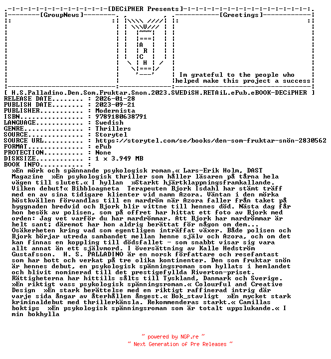 NFO for the release H.S.Palladino.Den.Som.Fruktar.Snon.2023.SWEDiSH.RETAiL.ePub.eBOOK-DECiPHER by DECiPHER