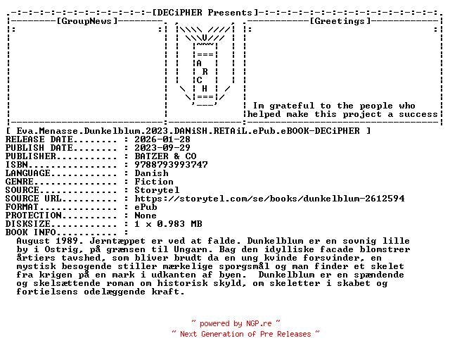 NFO for the release Eva.Menasse.Dunkelblum.2023.DANiSH.RETAiL.ePub.eBOOK-DECiPHER by DECiPHER