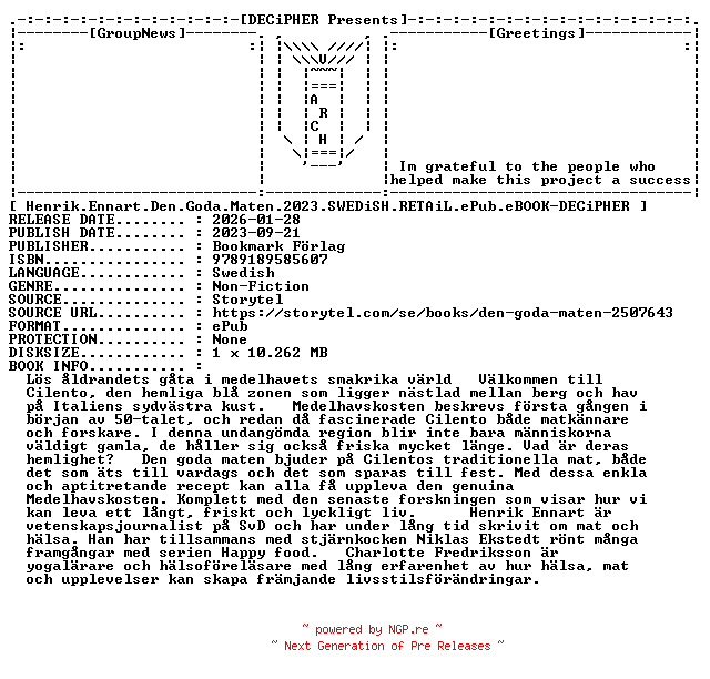 NFO for the release Henrik.Ennart.Den.Goda.Maten.2023.SWEDiSH.RETAiL.ePub.eBOOK-DECiPHER by DECiPHER