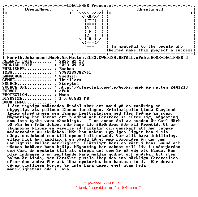 NFO for the release Henrik.Johansson.Mork.Ar.Natten.2023.SWEDiSH.RETAiL.ePub.eBOOK-DECiPHER by DECiPHER