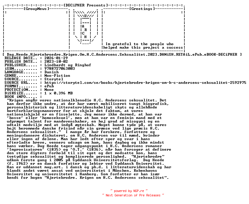NFO for the release Dag.Heede.Hjertebroedre.Krigen.Om.H.C.Andersens.Seksualitet.2023.DANiSH.RETAiL.ePub.eBOOK-DECiPHER by DECiPHER