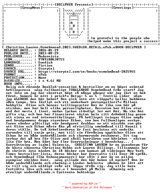 NFO for the release Christina.Lauren.Osmekmanad.2023.SWEDiSH.RETAiL.ePub.eBOOK-DECiPHER by DECiPHER