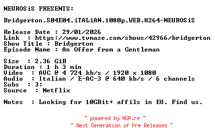 NFO for the release Bridgerton.S04E04.iTALiAN.1080p.WEB.H264-NEUROSiS by NEUROSiS
