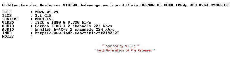 NFO for the release Goldtaucher.der.Beringsee.S14E08.Gedraenge.am.Tomcod.Claim.GERMAN.DL.DOKU.1080p.WEB.H264-SYNERGiE by SYNERGiE