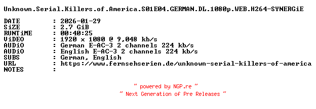 NFO for the release Unknown.Serial.Killers.of.America.S01E04.GERMAN.DL.1080p.WEB.H264-SYNERGiE by SYNERGiE