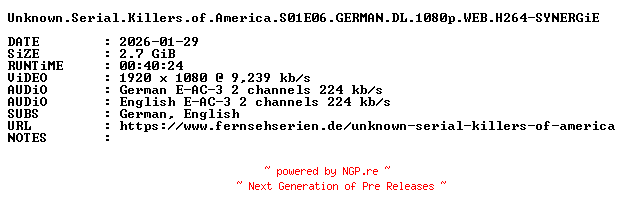 NFO for the release Unknown.Serial.Killers.of.America.S01E06.GERMAN.DL.1080p.WEB.H264-SYNERGiE by SYNERGiE