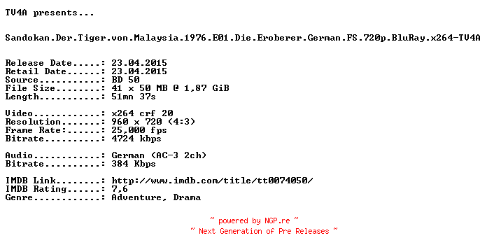 NFO for the release Sandokan.Der.Tiger.von.Malaysia.1976.E01.Die.Eroberer.German.FS.720p.BluRay.x264-TV4A by TV4A