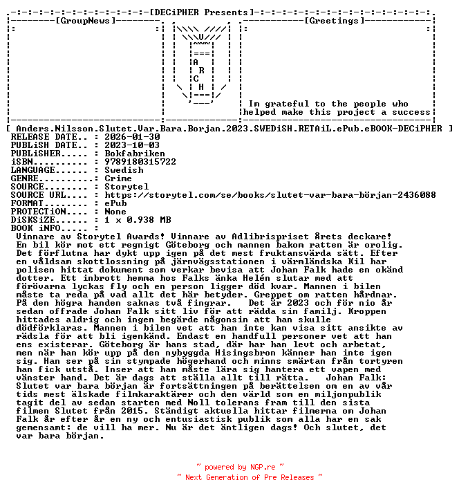 NFO for the release Anders.Nilsson.Slutet.Var.Bara.Borjan.2023.SWEDiSH.RETAiL.ePub.eBOOK-DECiPHER by DECiPHER