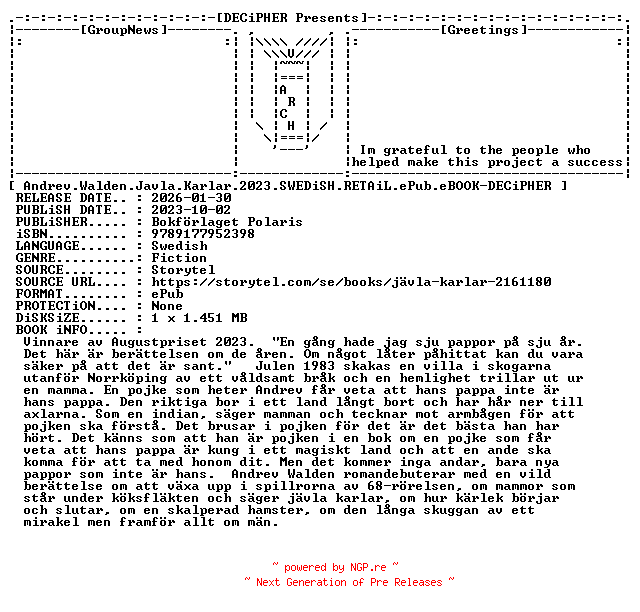 NFO for the release Andrev.Walden.Javla.Karlar.2023.SWEDiSH.RETAiL.ePub.eBOOK-DECiPHER by DECiPHER