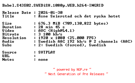 NFO for the release Babel.S43E02.SWEDiSH.1080p.WEB.h264-INGRID by INGRID