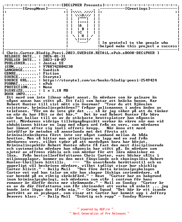 NFO for the release Chris.Carter.Blodig.Poesi.2023.SWEDiSH.RETAiL.ePub.eBOOK-DECiPHER by DECiPHER