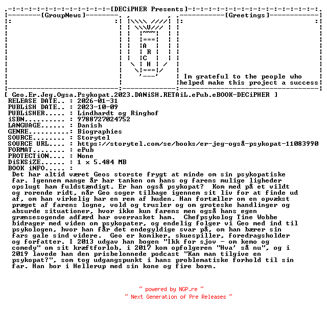 NFO for the release Geo.Er.Jeg.Ogsa.Psykopat.2023.DANiSH.RETAiL.ePub.eBOOK-DECiPHER by DECiPHER