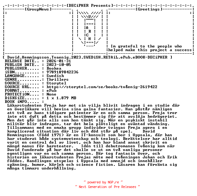 NFO for the release David.Hemmingsson.Tvaenig.2023.SWEDiSH.RETAiL.ePub.eBOOK-DECiPHER by DECiPHER