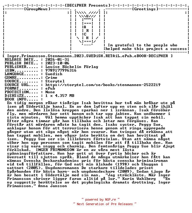 NFO for the release Inger.Frimansson.Stenmannen.2023.SWEDiSH.RETAiL.ePub.eBOOK-DECiPHER by DECiPHER