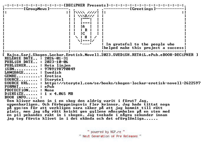 NFO for the release Kajsa.Sarj.Skogen.Lockar.Erotisk.Novell.2023.SWEDiSH.RETAiL.ePub.eBOOK-DECiPHER by DECiPHER