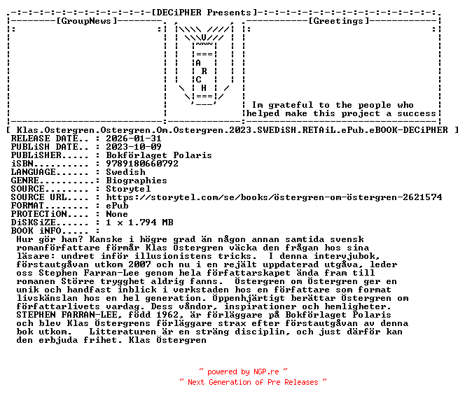 NFO for the release Klas.Ostergren.Ostergren.Om.Ostergren.2023.SWEDiSH.RETAiL.ePub.eBOOK-DECiPHER by DECiPHER
