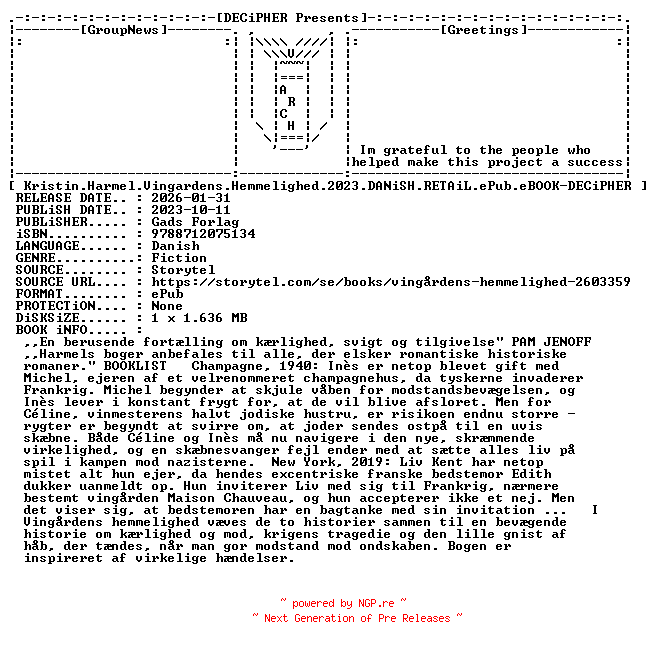 NFO for the release Kristin.Harmel.Vingardens.Hemmelighed.2023.DANiSH.RETAiL.ePub.eBOOK-DECiPHER by DECiPHER