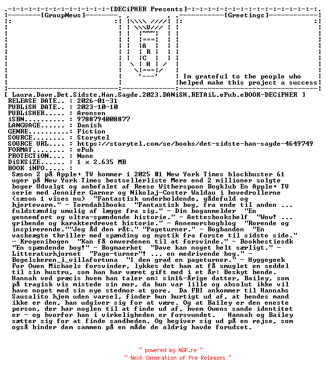 NFO for the release Laura.Dave.Det.Sidste.Han.Sagde.2023.DANiSH.RETAiL.ePub.eBOOK-DECiPHER by DECiPHER
