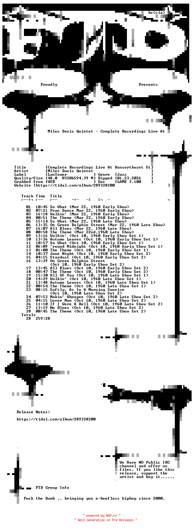 NFO for the release Miles_Davis_Quintet-Complete_Recordings_Live_at_Konserthuset_Stockholm_Sweden_(1960)-Reissue-WEB-2023-FTD by FTD