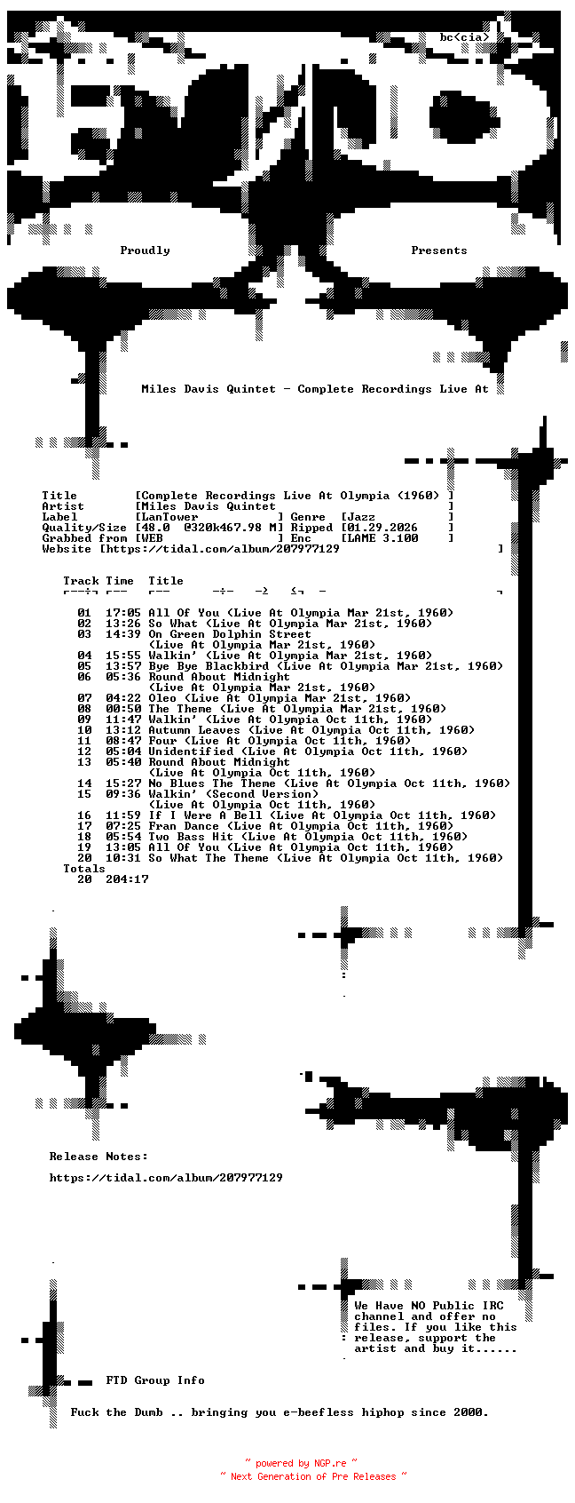 NFO for the release Miles_Davis_Quintet-Complete_Recordings_Live_at_Olympia_(1960)-Reissue-WEB-2021-FTD by FTD
