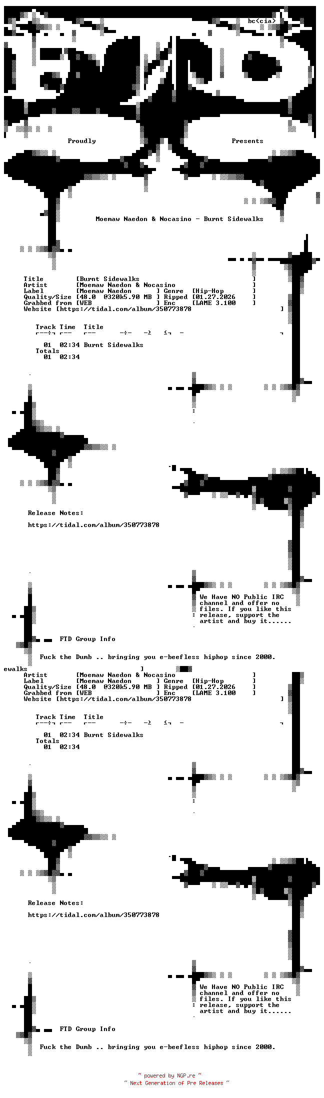 NFO for the release Moemaw_Naedon_and_NoCasino-Burnt_Sidewalks-SINGLE-WEB-2024-FTD by FTD