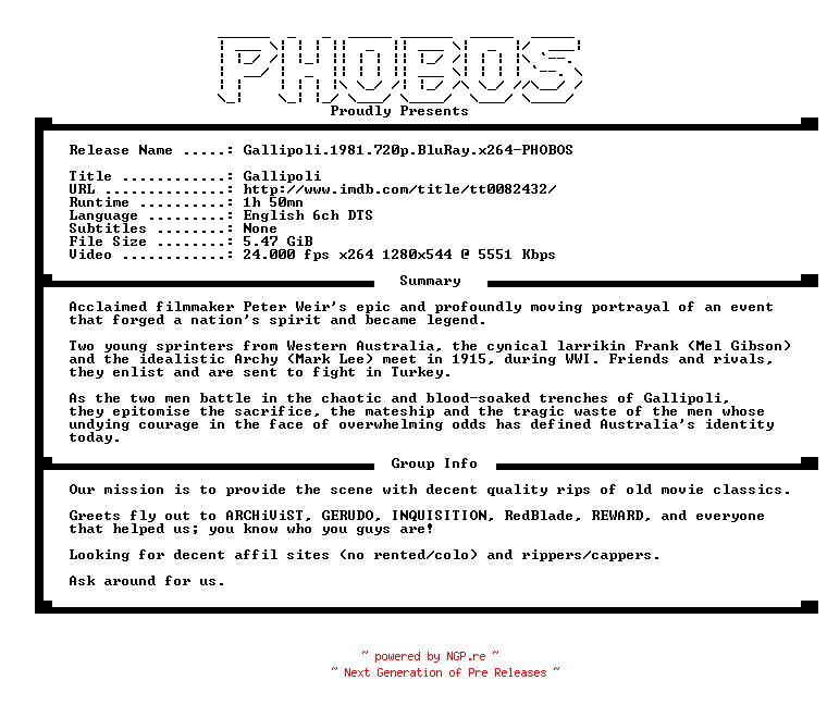 NFO for the release Gallipoli.1981.720p.BluRay.x264-PHOBOS by PHOBOS