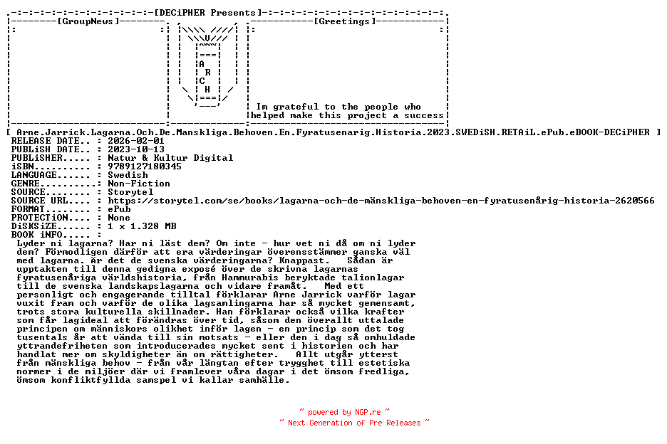 NFO for the release Arne.Jarrick.Lagarna.Och.De.Manskliga.Behoven.En.Fyratusenarig.Historia.2023.SWEDiSH.RETAiL.ePub.eBOOK-DECiPHER by DECiPHER