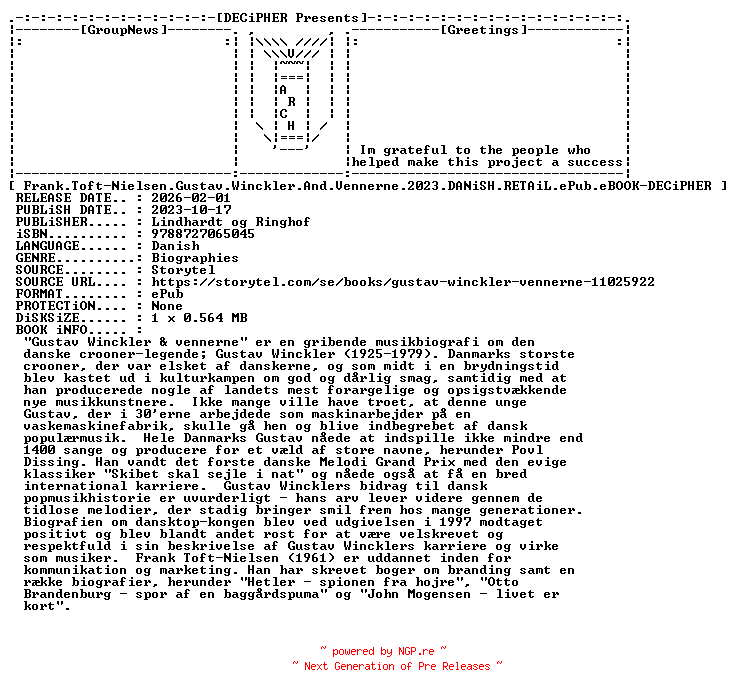 NFO for the release Frank.Toft.Nielsen.Gustav.Winckler.And.Vennerne.2023.DANiSH.RETAiL.ePub.eBOOK-DECiPHER by DECiPHER