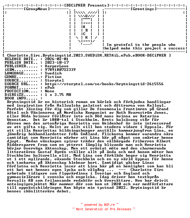 NFO for the release Charlotte.Sirc.Brytningstid.2023.SWEDiSH.RETAiL.ePub.eBOOK-DECiPHER by DECiPHER
