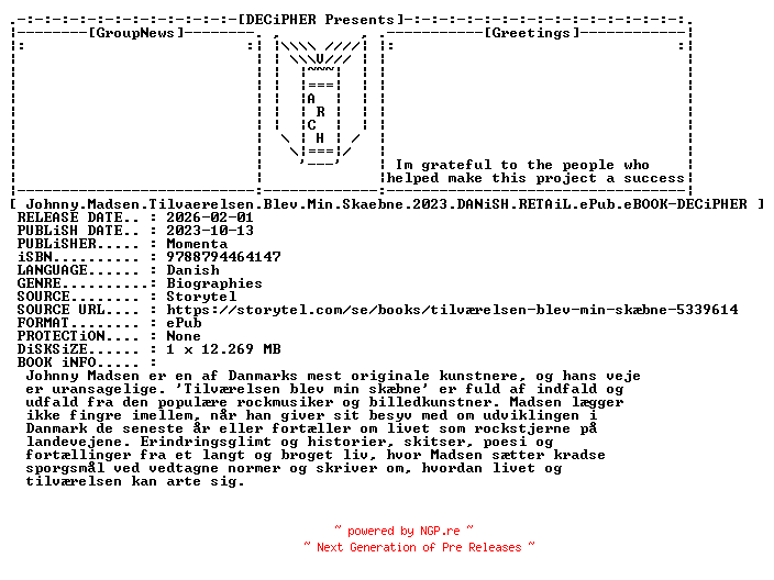 NFO for the release Johnny.Madsen.Tilvaerelsen.Blev.Min.Skaebne.2023.DANiSH.RETAiL.ePub.eBOOK-DECiPHER by DECiPHER