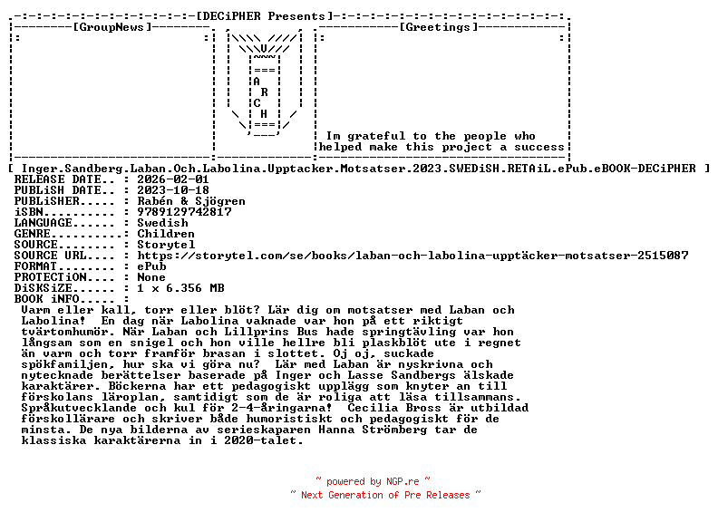 NFO for the release Inger.Sandberg.Laban.Och.Labolina.Upptacker.Motsatser.2023.SWEDiSH.RETAiL.ePub.eBOOK-DECiPHER by DECiPHER