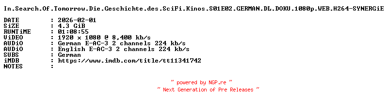 NFO for the release In.Search.Of.Tomorrow.Die.Geschichte.des.SciFi.Kinos.S01E02.GERMAN.DL.DOKU.1080p.WEB.H264-SYNERGiE by SYNERGiE