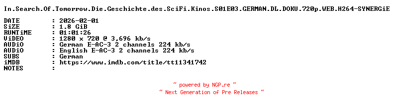 NFO for the release In.Search.Of.Tomorrow.Die.Geschichte.des.SciFi.Kinos.S01E03.GERMAN.DL.DOKU.720p.WEB.H264-SYNERGiE by SYNERGiE