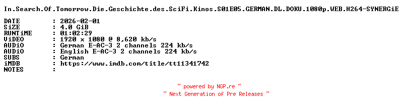 NFO for the release In.Search.Of.Tomorrow.Die.Geschichte.des.SciFi.Kinos.S01E05.GERMAN.DL.DOKU.1080p.WEB.H264-SYNERGiE by SYNERGiE