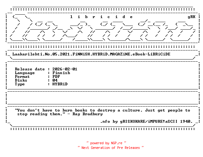 NFO for the release Laakarilehti.No.05.2021.FiNNiSH.HYBRiD.MAGAZiNE.eBook-LiBRiCiDE by LiBRiCiDE