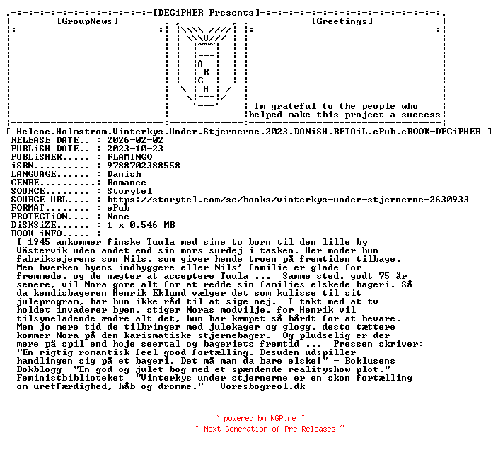 NFO for the release Helene.Holmstrom.Vinterkys.Under.Stjernerne.2023.DANiSH.RETAiL.ePub.eBOOK-DECiPHER by DECiPHER