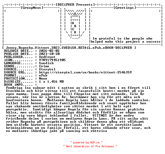 NFO for the release Jenny.Rogneby.Vittnet.2023.SWEDiSH.RETAiL.ePub.eBOOK-DECiPHER by DECiPHER