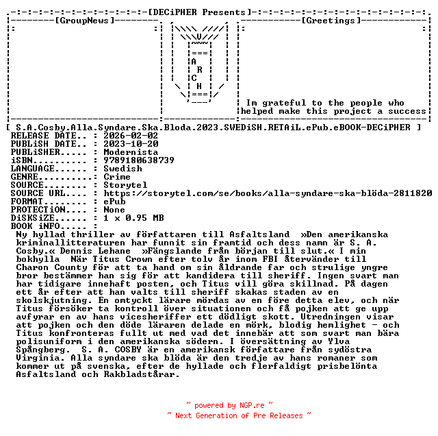 NFO for the release S.A.Cosby.Alla.Syndare.Ska.Bloda.2023.SWEDiSH.RETAiL.ePub.eBOOK-DECiPHER by DECiPHER