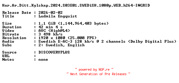 NFO for the release Har.Ar.Ditt.Kylskap.2024.S03E01.SWEDiSH.1080p.WEB.h264-INGRID by INGRID