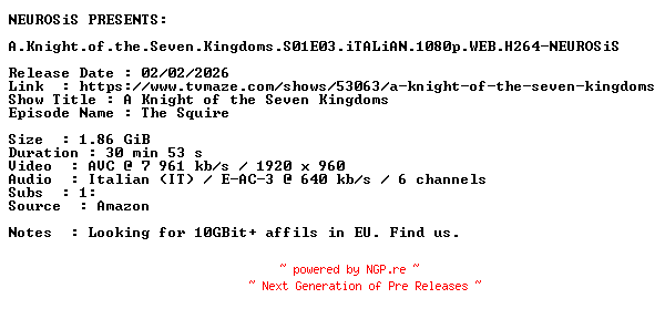 NFO for the release A.Knight.of.the.Seven.Kingdoms.S01E03.iTALiAN.1080p.WEB.H264-NEUROSiS by NEUROSiS