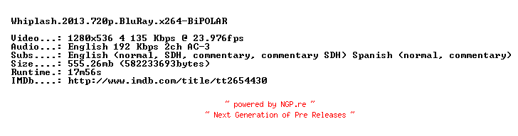 NFO for the release Whiplash.2013.720p.BluRay.x264-BiPOLAR by BiPOLAR