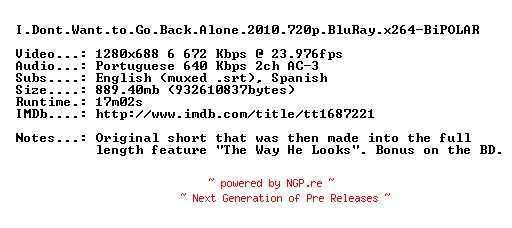 NFO for the release I.Dont.Want.to.Go.Back.Alone.2010.720p.BluRay.x264-BiPOLAR by BiPOLAR