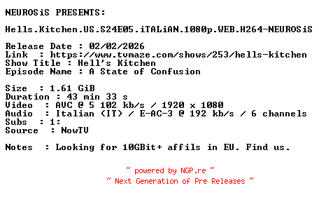 NFO for the release Hells.Kitchen.US.S24E05.iTALiAN.1080p.WEB.H264-NEUROSiS by NEUROSiS