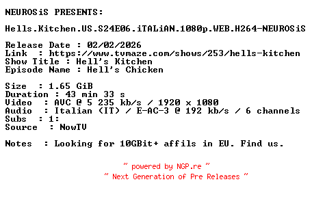 NFO for the release Hells.Kitchen.US.S24E06.iTALiAN.1080p.WEB.H264-NEUROSiS by NEUROSiS