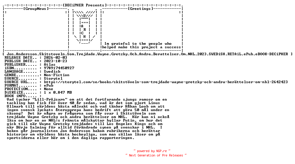NFO for the release Jon.Andersson.Skitstoveln.Som.Trejdade.Wayne.Gretzky.Och.Andra.Berattelser.Om.NHL.2023.SWEDiSH.RETAiL.ePub.eBOOK-DECiPHER by DECiPHER