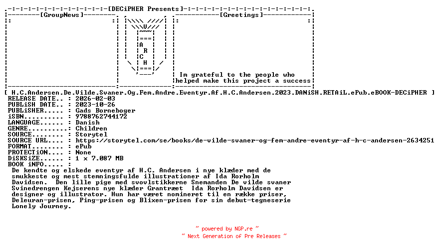 NFO for the release H.C.Andersen.De.Vilde.Svaner.Og.Fem.Andre.Eventyr.Af.H.C.Andersen.2023.DANiSH.RETAiL.ePub.eBOOK-DECiPHER by DECiPHER