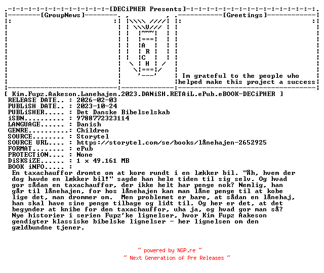 NFO for the release Kim.Fupz.Aakeson.Lanehajen.2023.DANiSH.RETAiL.ePub.eBOOK-DECiPHER by DECiPHER